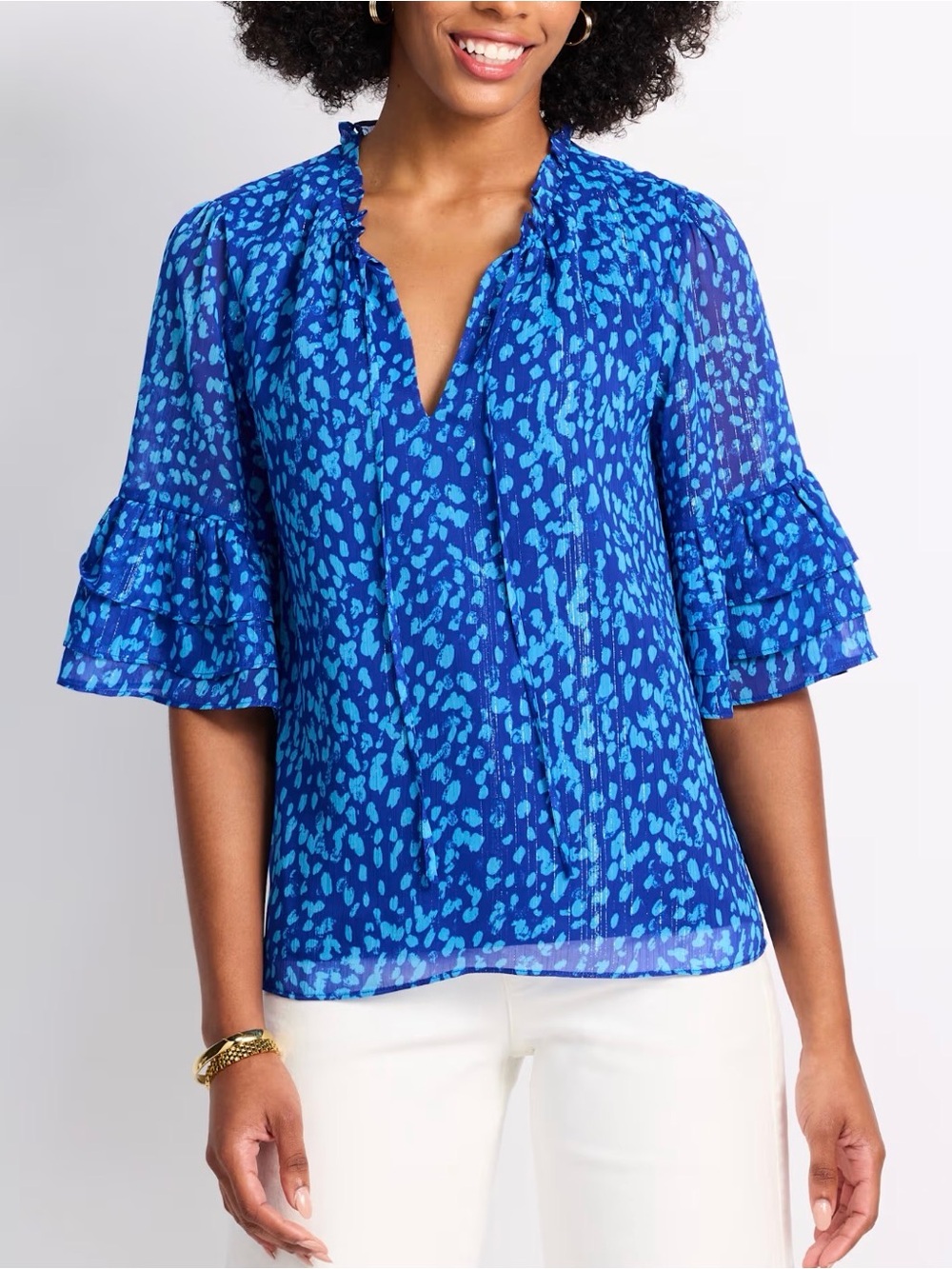 Sugarlips Blue Printed Ruffle-Sleeve Blouse 2X